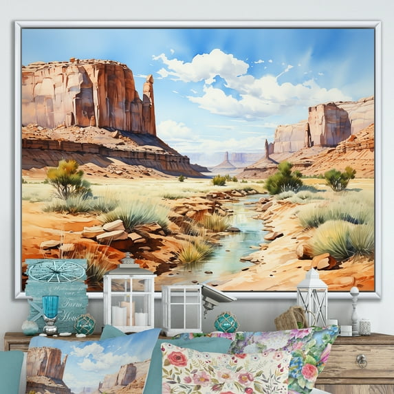 Designart "Desert Oasis Green and Beige Mountain Escape II" Landscapes Floater Framed Wall Decor