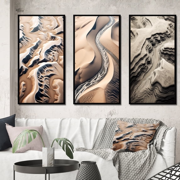 Designart "Desert Oasis Rivers among Eternal Dunes II" Desert Framed Wall Art Set Of 3 - White Global Frame Gallery Set For Office Decor