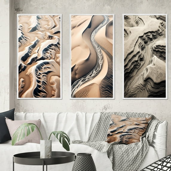 Designart "Desert Oasis Rivers among Eternal Dunes II" Desert Framed Wall Art Set Of 3 - White Global Frame Gallery Set For Office Decor