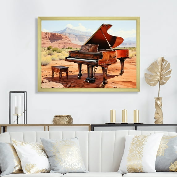 Designart "Desert Serenade Piano Melody I" Music Framed Wall Art Decor - Vintage Brown Music Piano Bedroom Framed Canvas Wall Art