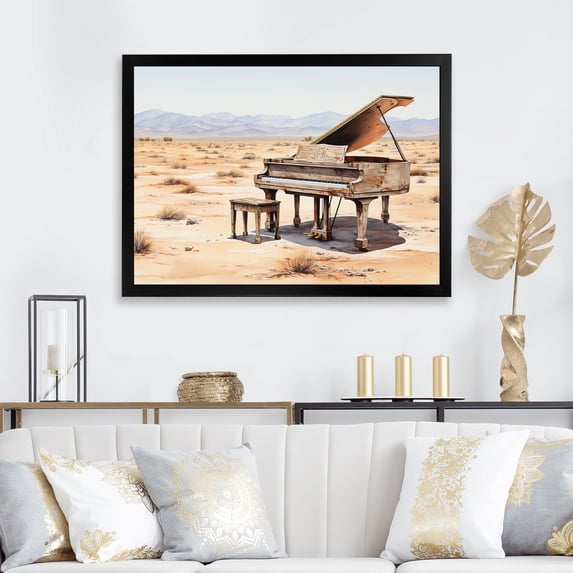 Designart "Desert Serenade Piano Melody II" Music Framed Wall Art Decor - Vintage Brown Music Piano Living Room Framed Canvas Art