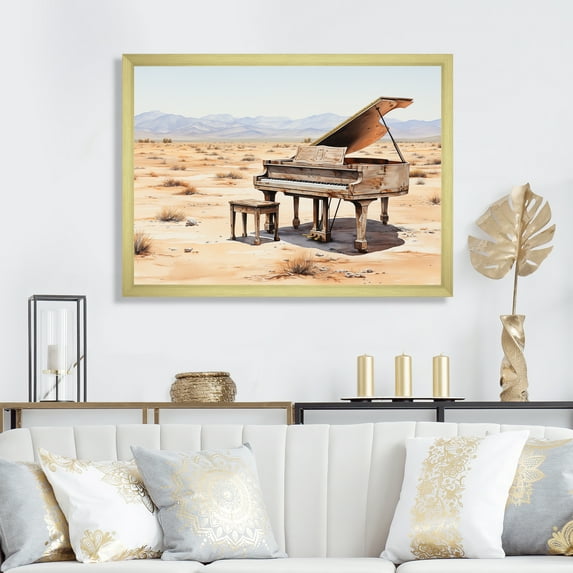 Designart "Desert Serenade Piano Melody II" Music Framed Wall Art Decor - Vintage Brown Music Piano Living Room Framed Canvas Art