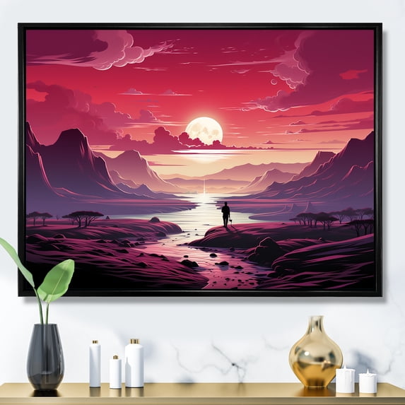 Designart "Desert Walk at Sunset in Purple and Pink II" Landscapes Framed Wall Art - Global Purple Desert Living Room Framed Canvas Art
