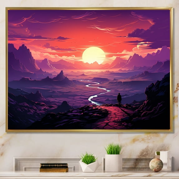 Designart "Desert Walk at Sunset in Purple and Pink III" Landscapes Framed Wall Art - Global Purple Desert Bedroom Framed Canvas Wall Art