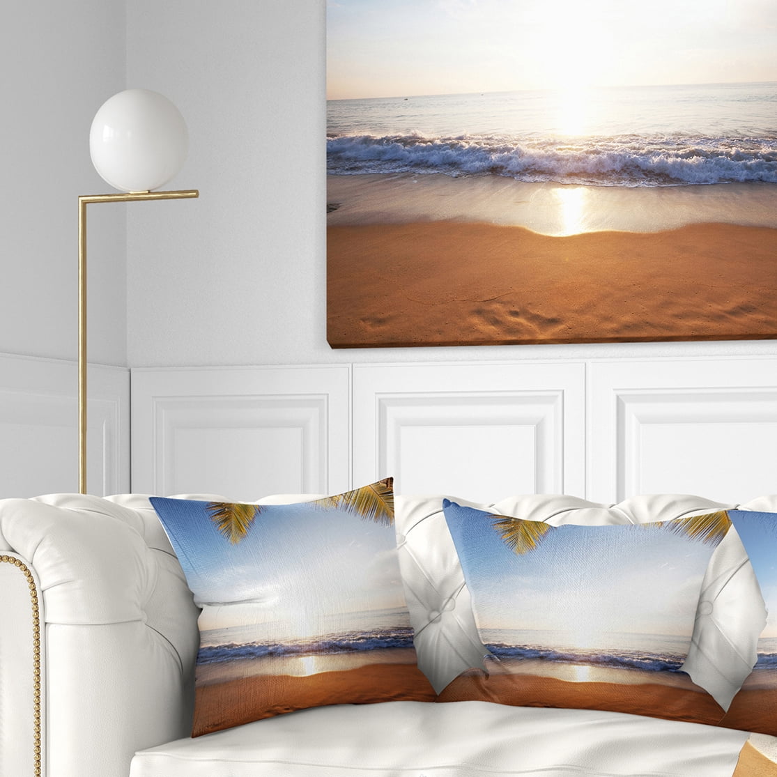 Designart Deserted Beach with Palm Leaves - Seashore Throw Pillow - 16x16