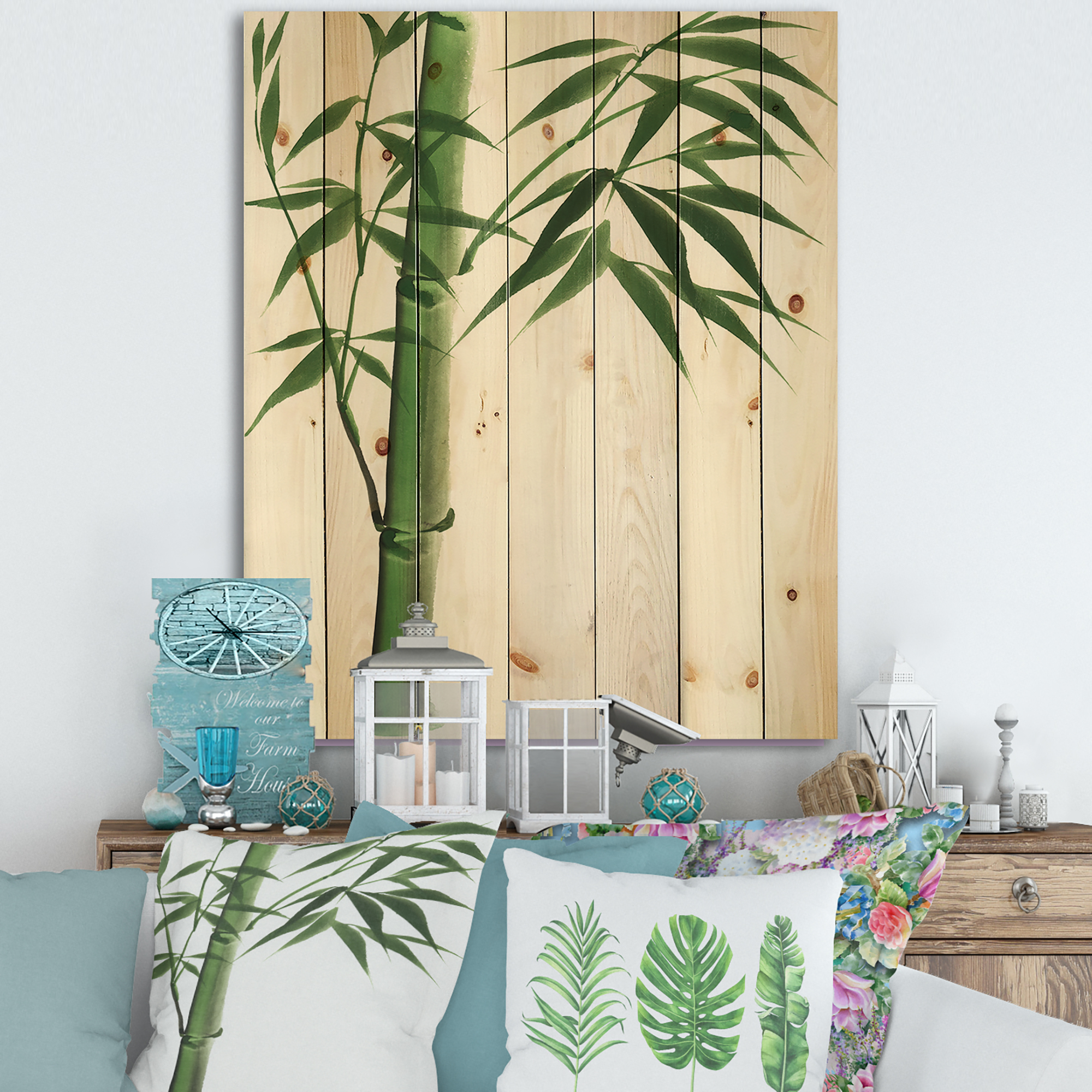 Designart 'Detail Of Dark Green Bamboo On White III' Traditional Print on Natural Pine Wood