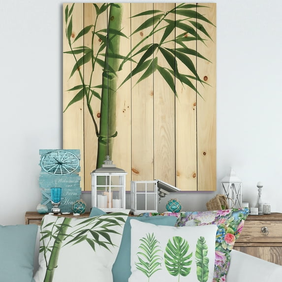 Designart 'Detail Of Dark Green Bamboo On White III' Traditional Print on Natural Pine Wood