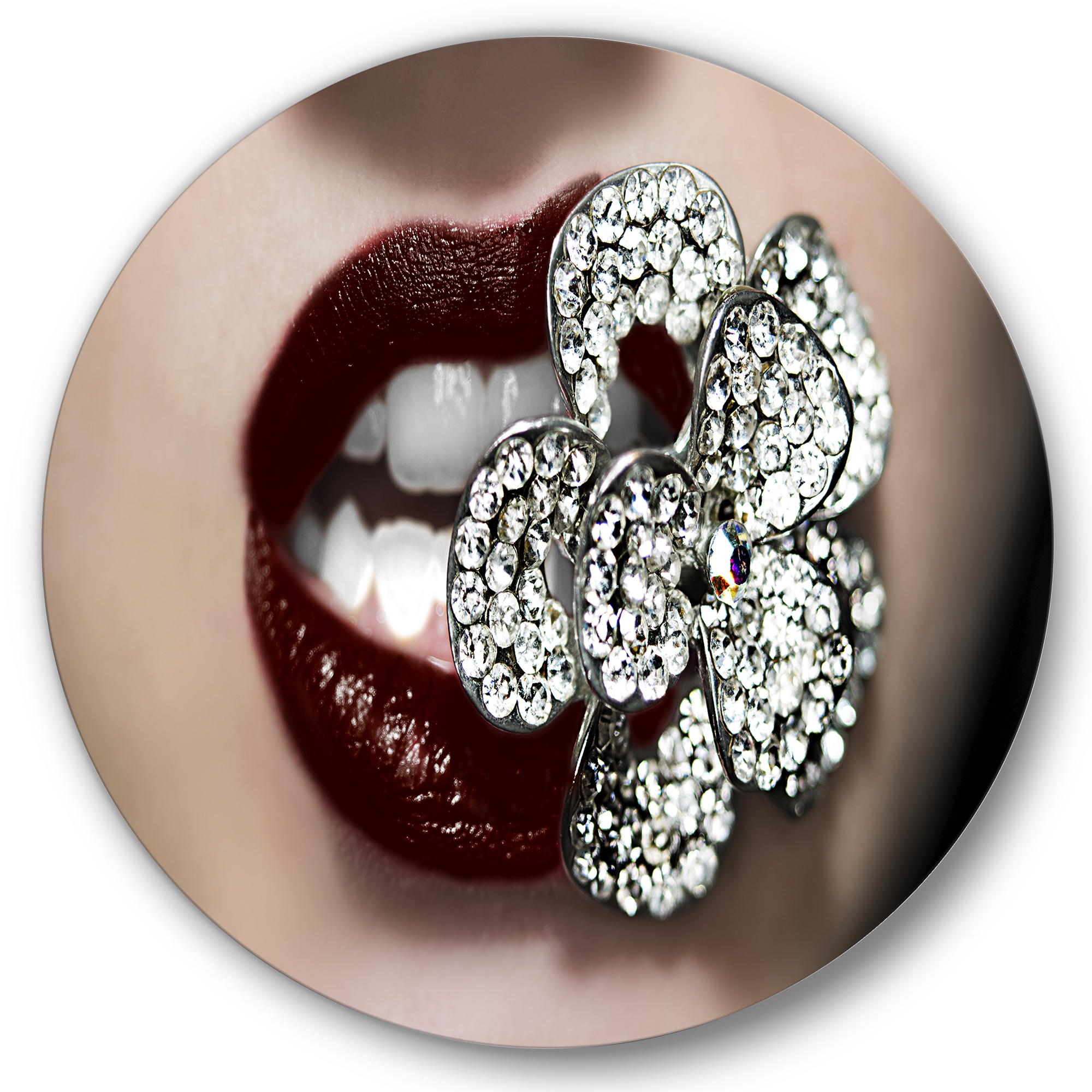 Designart 'Detail Of Sexy Red Girl Lips' Modern Circle Metal Wall Art 29x29 - Disc of 29