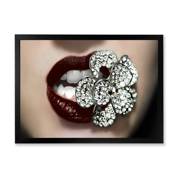 Designart 'Detail Of Sexy Red Girl Lips' Modern Framed Art Print