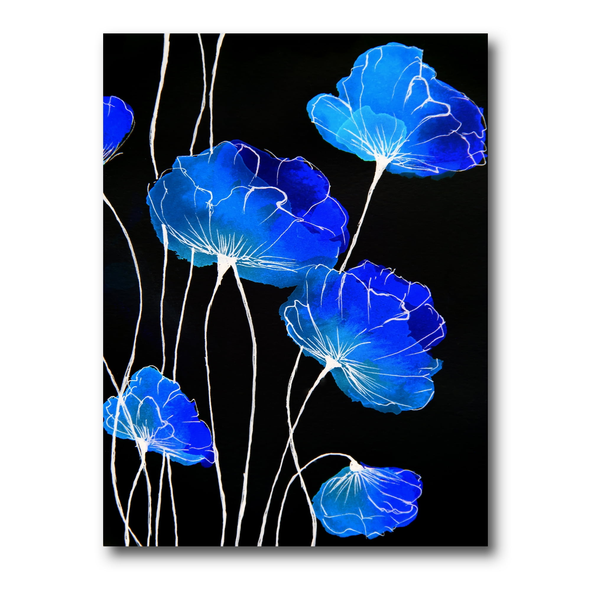 Designart ' Detail of Blue Flowers On Black Background II ' Traditional Canvas Wall Art Print