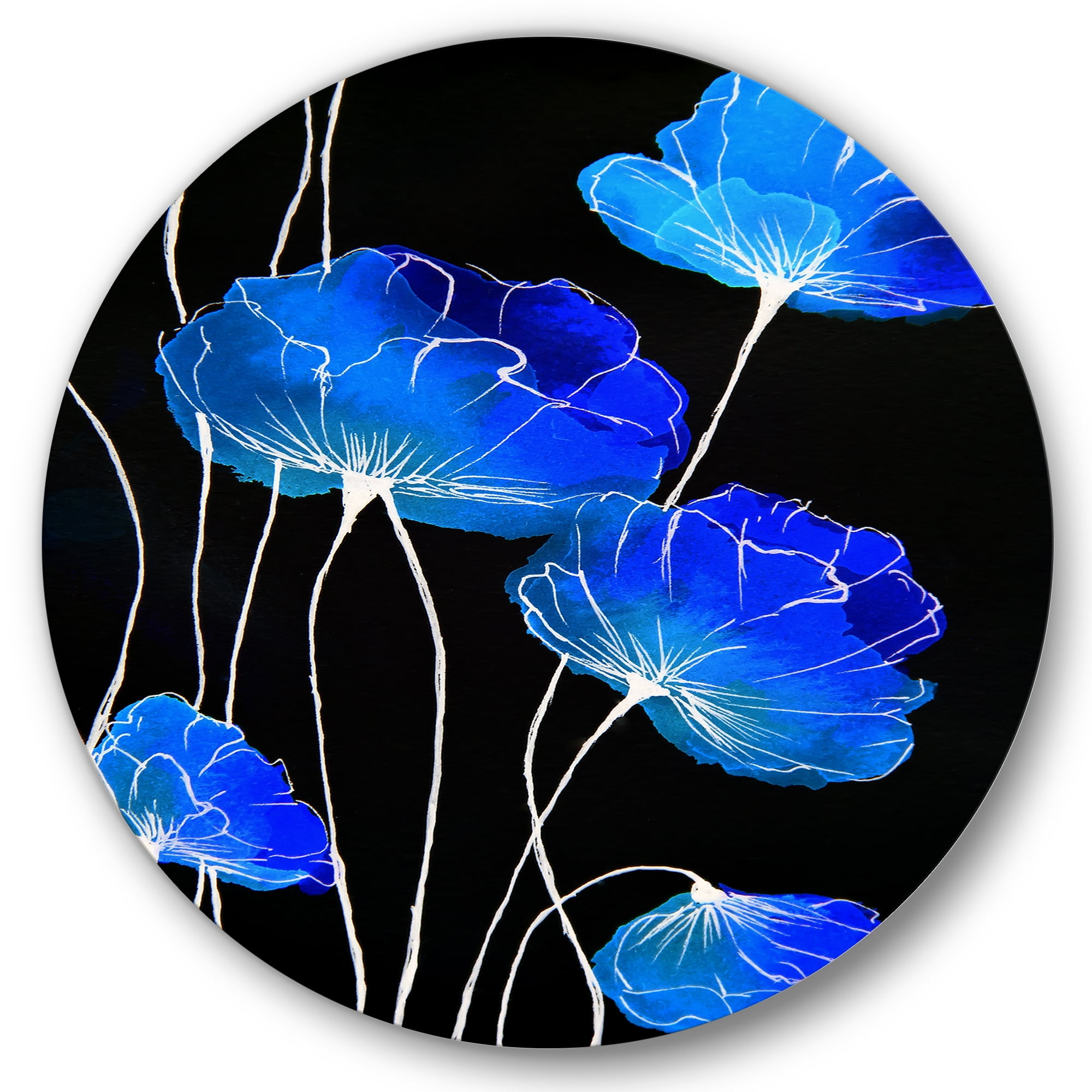 Designart 'Detail of Blue Flowers On Black Background II' Traditional Circle Metal Wall Art 11x11 - Disc of 11