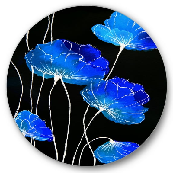 Designart 'Detail of Blue Flowers On Black Background II' Traditional Circle Metal Wall Art 29x29 - Disc of 29