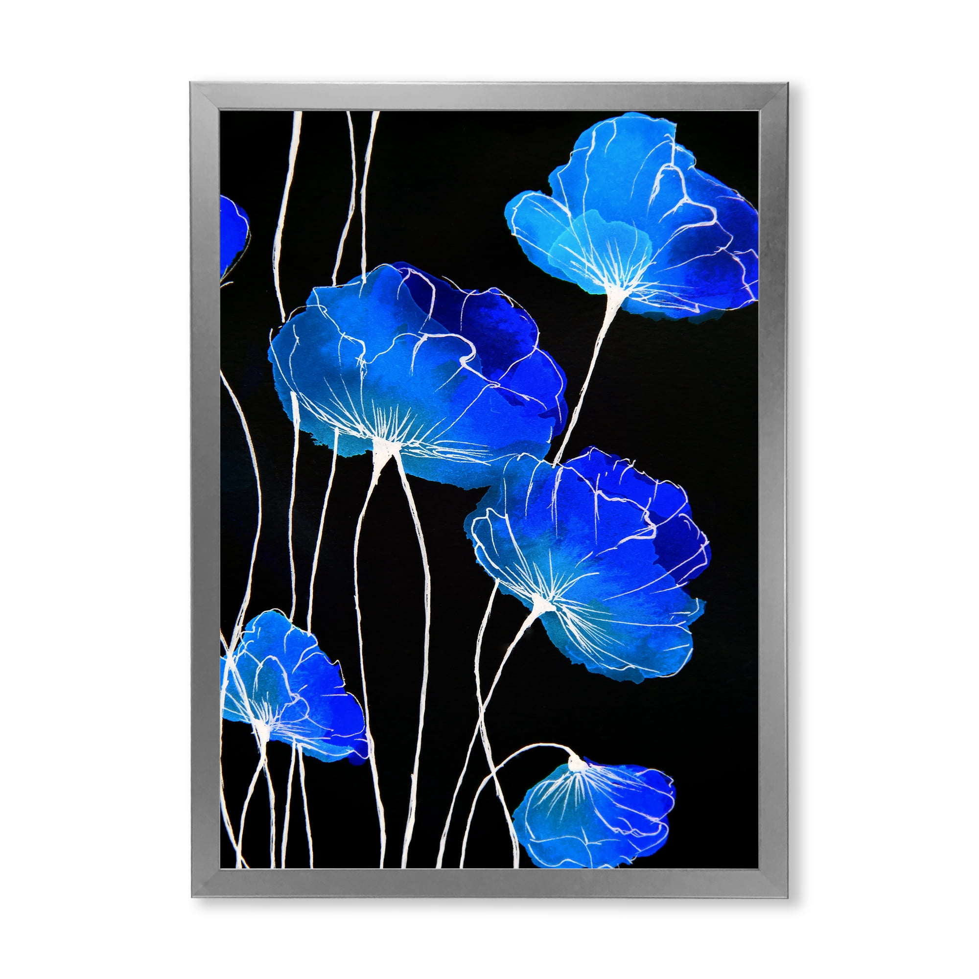 Designart 'Detail of Blue Flowers On Black Background II' Traditional Framed Art Print