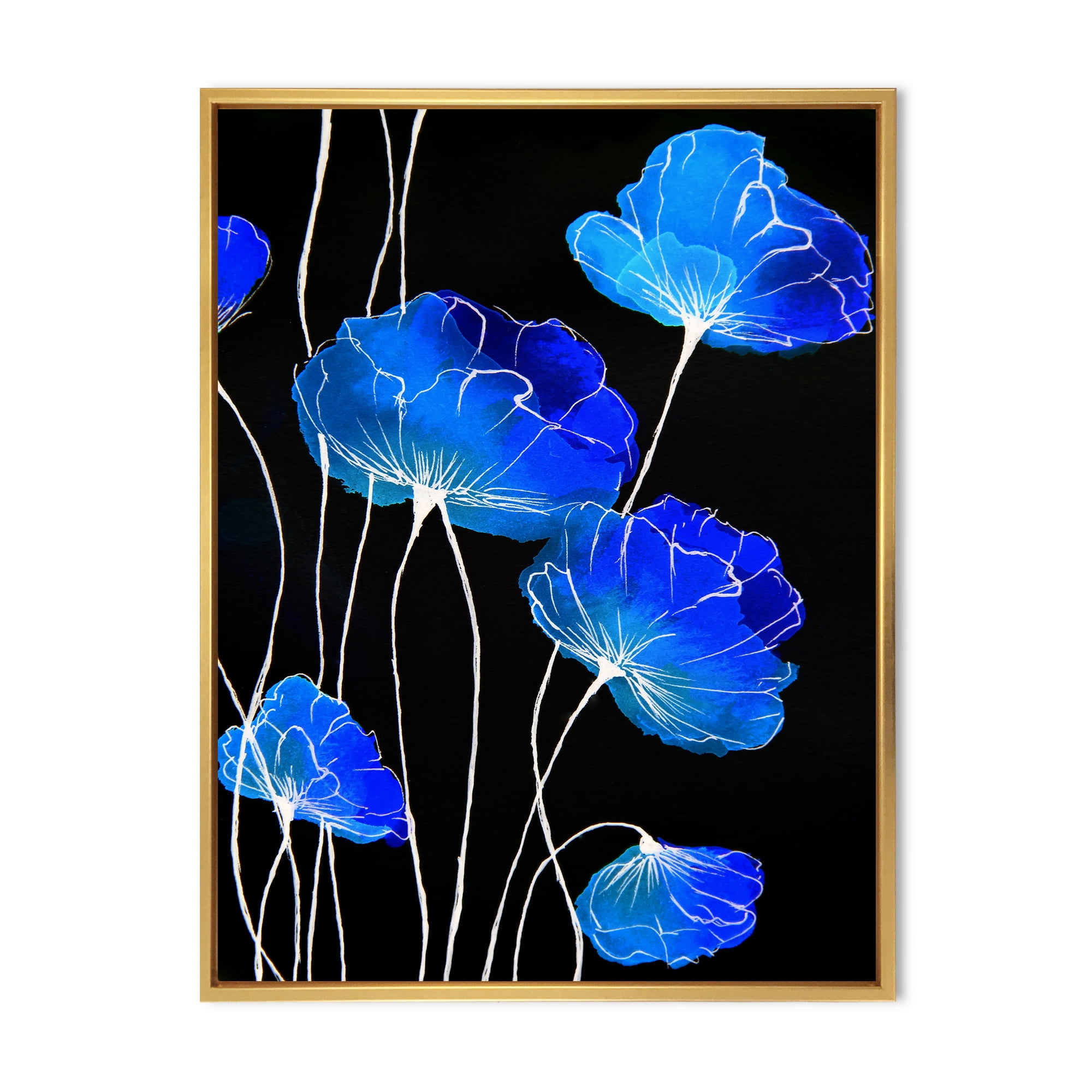 Designart 'Detail of Blue Flowers on Black Background II' Traditional Framed Canvas Wall Art Print