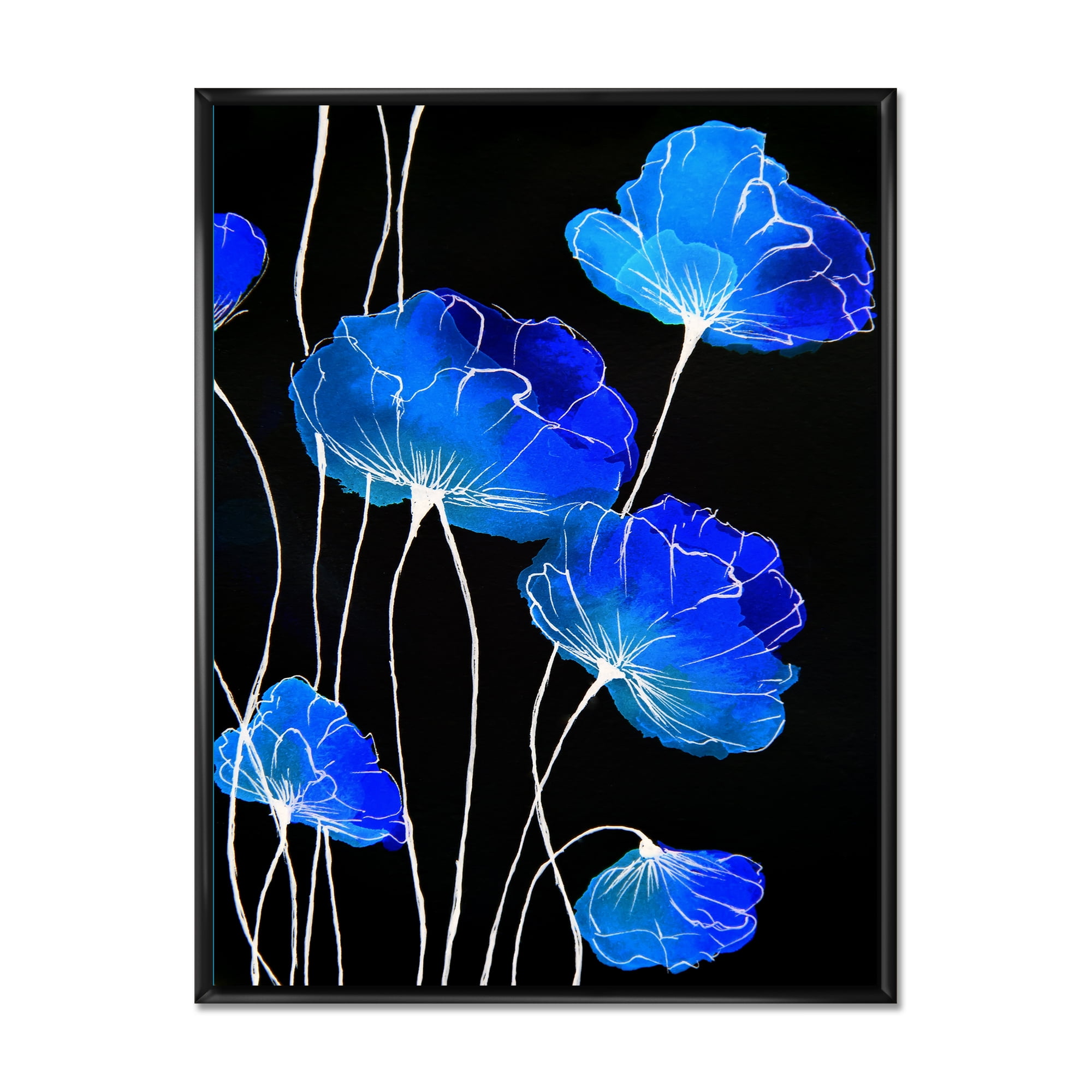 Designart 'Detail of Blue Flowers On Black Background II' Traditional Framed Canvas Wall Art Print