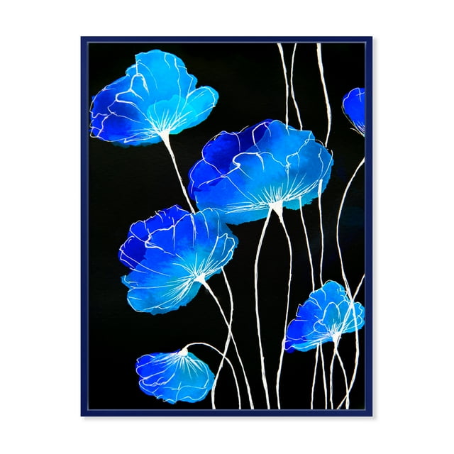 Designart 'Detail of Blue Flowers On Black Background II' Traditional Framed Canvas Wall Art Print