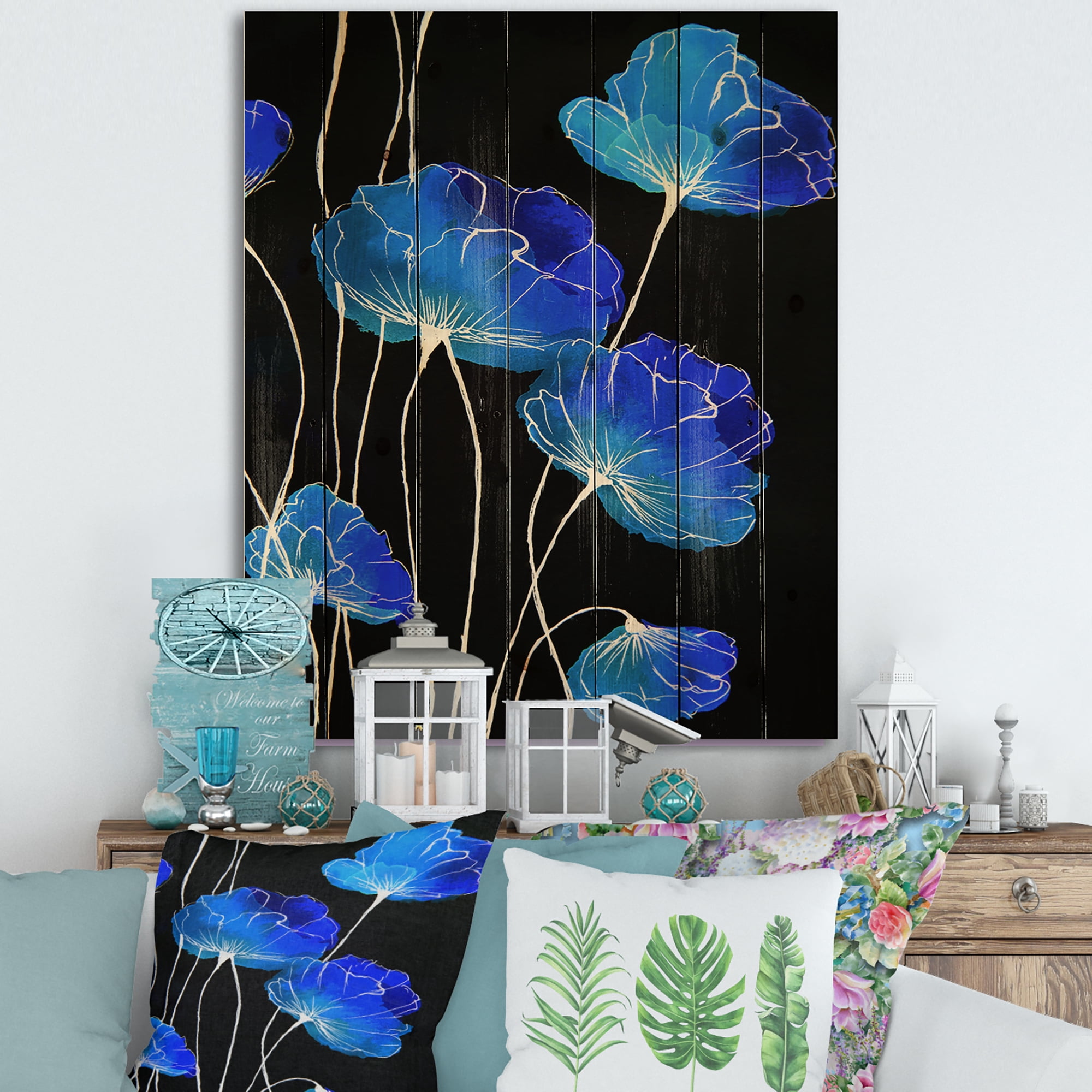 Designart 'Detail of Blue Flowers On Black Background II' Traditional Print on Natural Pine Wood