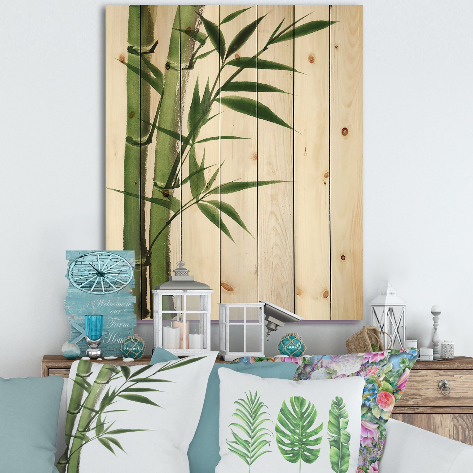 Designart 'Detail of Dark Green Bamboo and Leaves I' Traditional Print on Natural Pine Wood