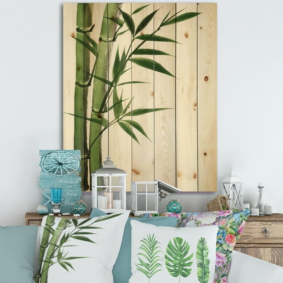Designart 'Detail of Dark Green Bamboo and Leaves I' Traditional Print on Natural Pine Wood