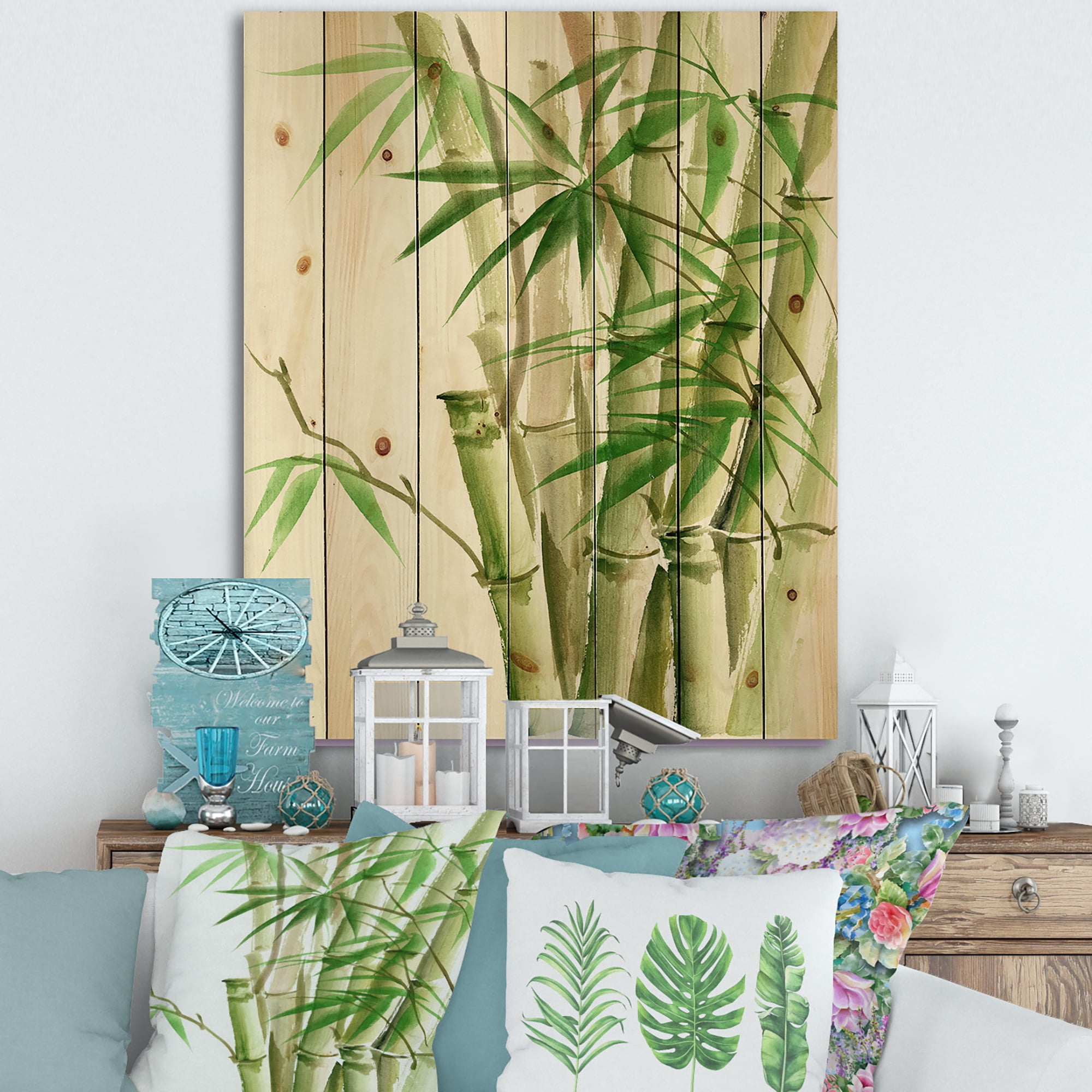 Designart 'Detail of Dark Green Bamboo and Leaves II' Traditional Print on Natural Pine Wood