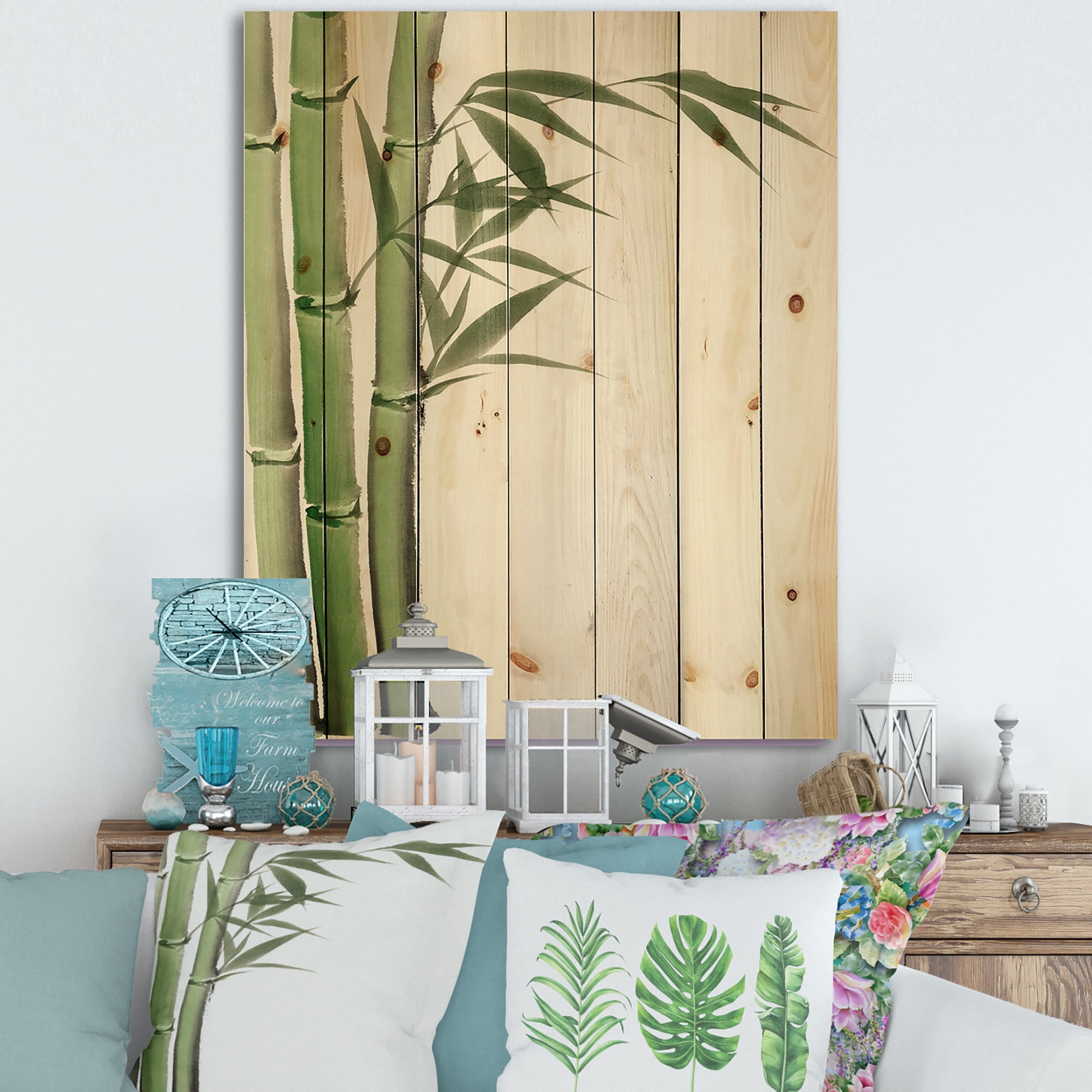 Designart 'Detail of Dark Green Bamboo and Leaves IV' Traditional Print on Natural Pine Wood