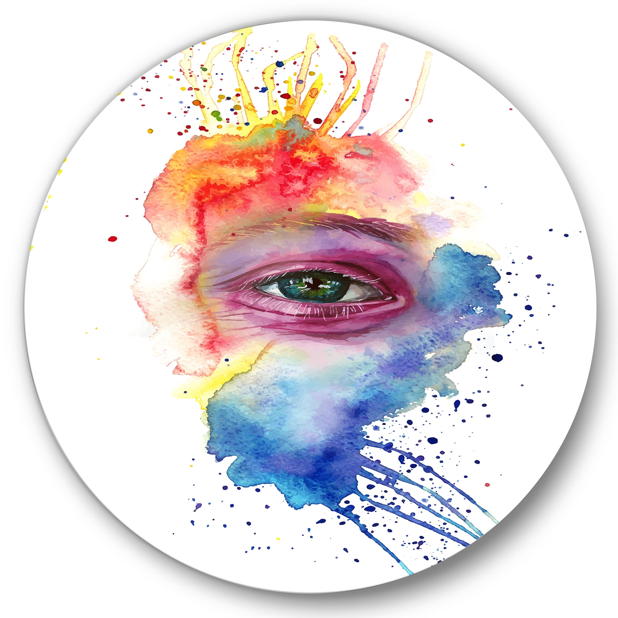Designart 'Detail of Eye In Rainbow-Colored Face Portrait' Bohemian & Eclectic Circle Metal Wall Art 36x36 - Disc of 36