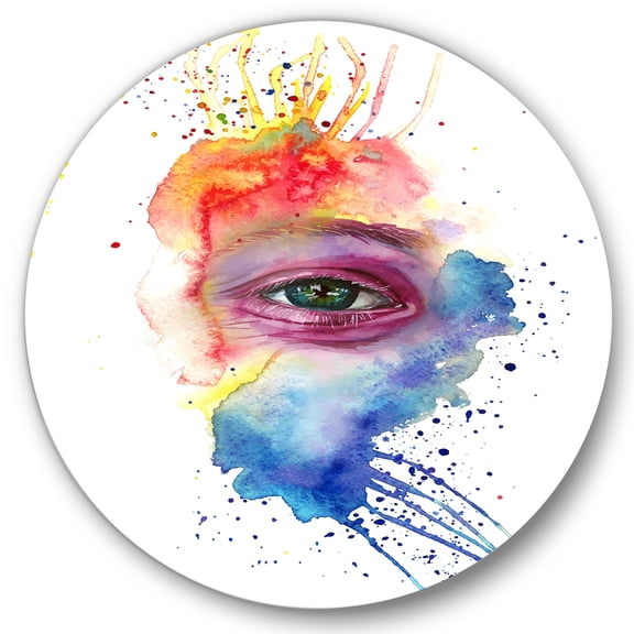 Designart 'Detail of Eye In Rainbow-Colored Face Portrait' Bohemian & Eclectic Circle Metal Wall Art 36x36 - Disc of 36
