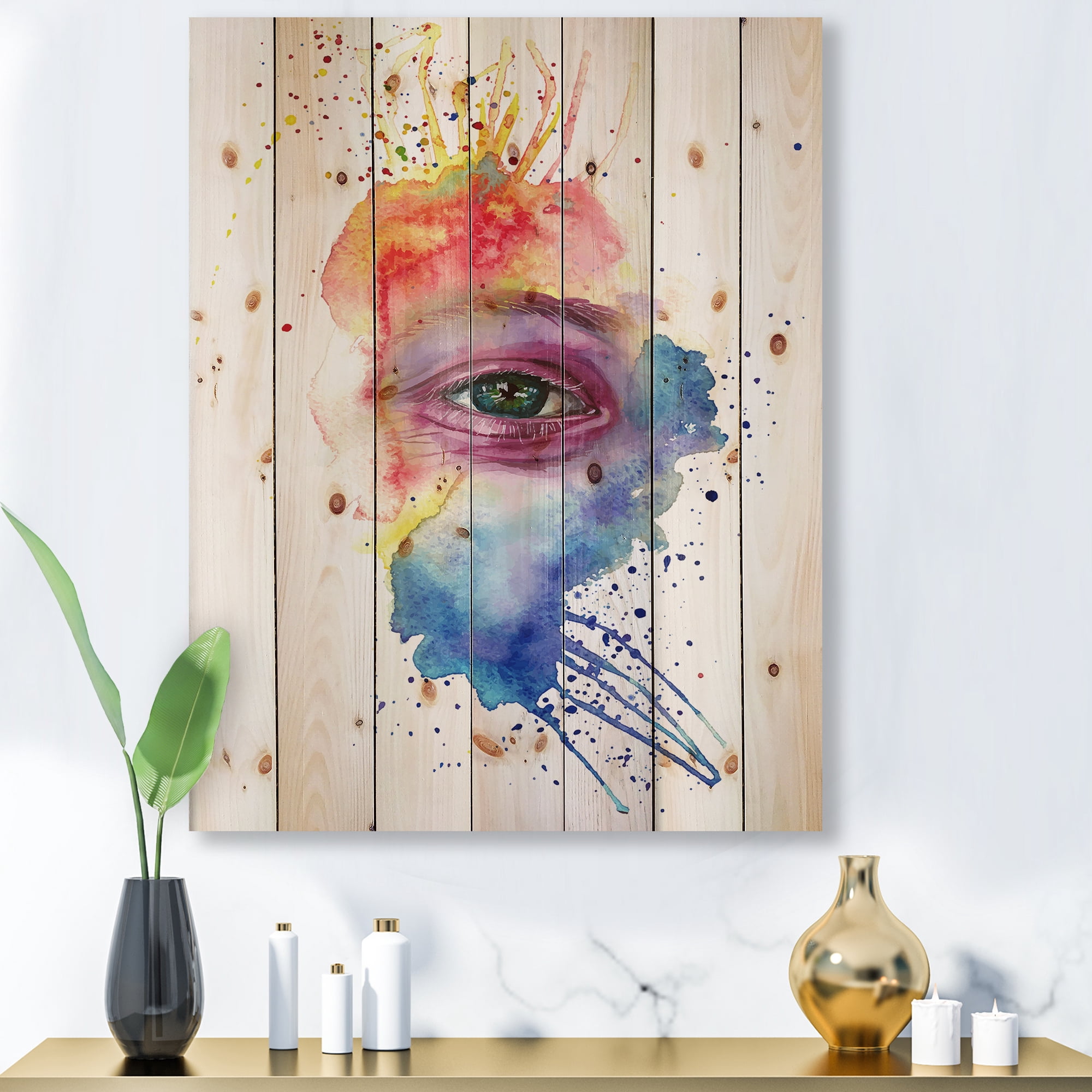 Designart 'Detail of Eye In Rainbow-Colored Face Portrait' Bohemian & Eclectic Print on Natural Pine Wood