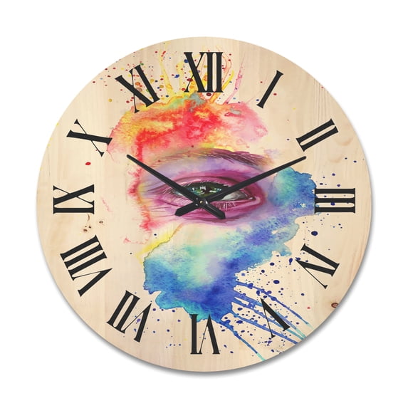 Designart 'Detail of Eye In Rainbow-Colored Face Portrait' Bohemian & Eclectic Wood Wall Clock
