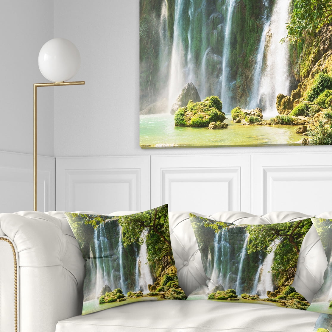 Designart Detian Waterfall in Vietnam - Landscape Printed Throw Pillow - 18x18