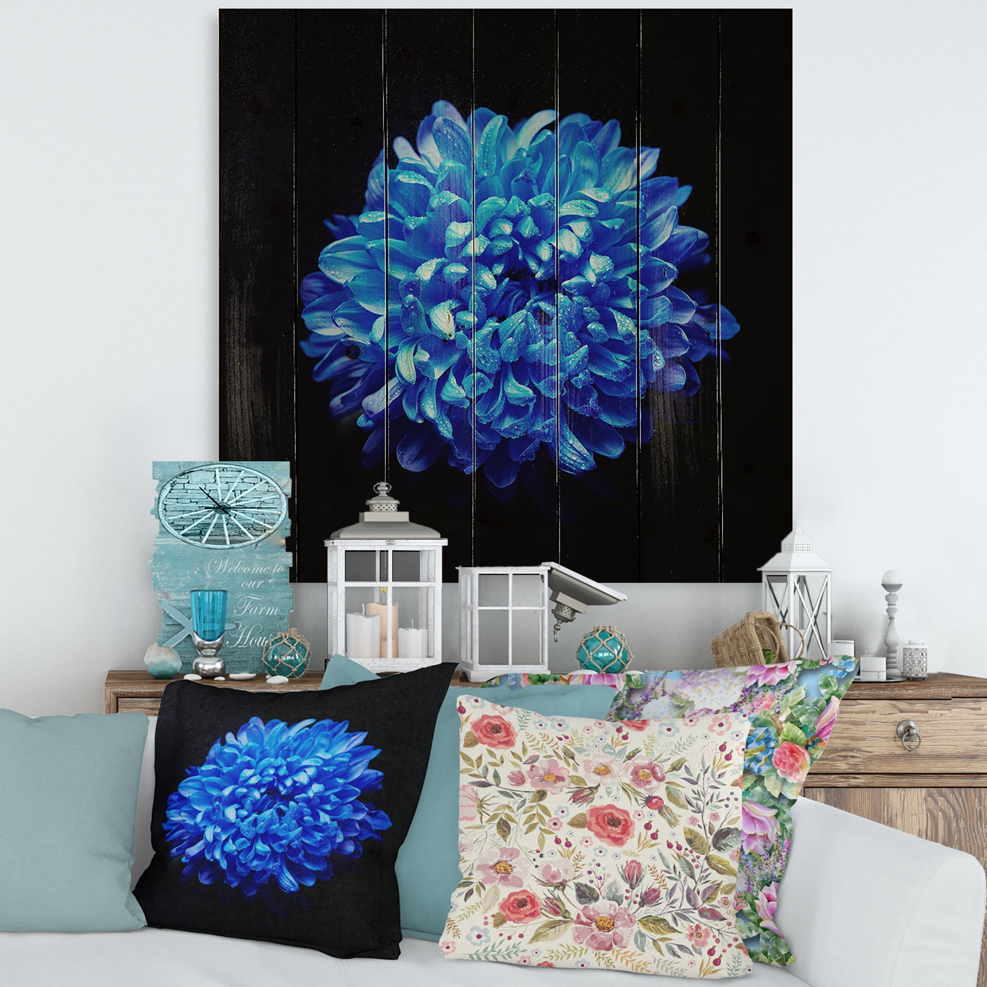 Designart 'Dew Drops on Blue Aster ' Traditional Print on Natural Pine Wood