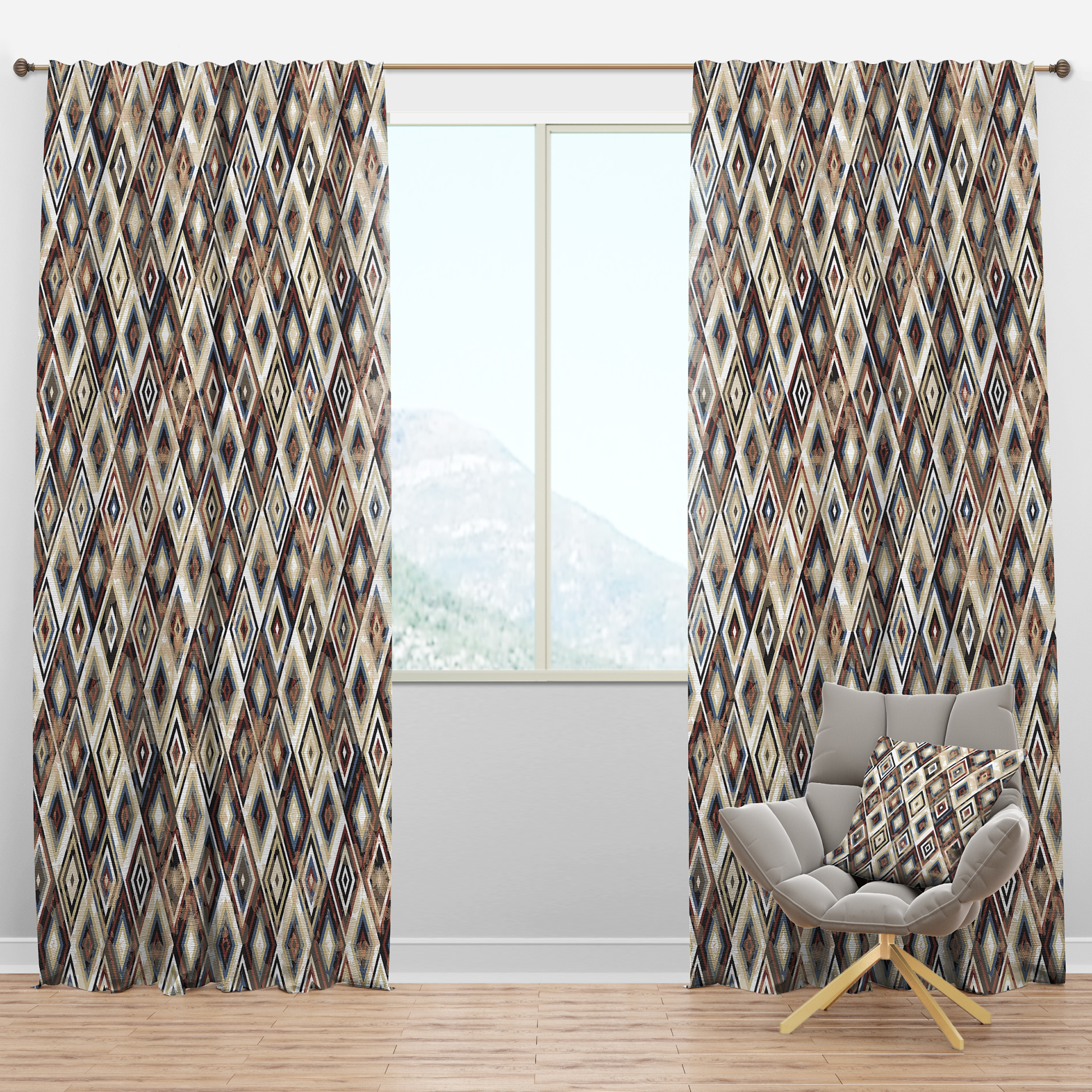 Designart 'Diamond Vintage Pattern In Brown and Blue' Mid-Century Modern Blackout Curtain Panel