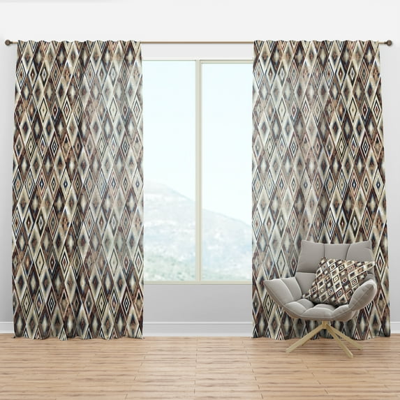 Designart 'Diamond Vintage Pattern In Brown and Blue' Mid-Century Modern Curtain Panel