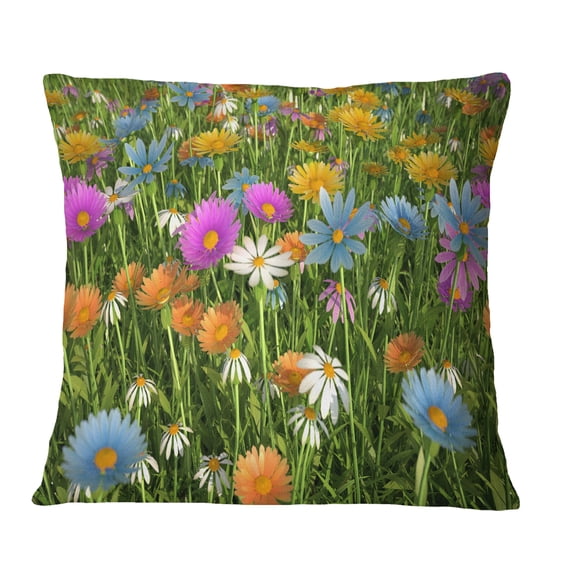 Designart Different Color Flowers in Field - Floral Throw Pillow - 18x18