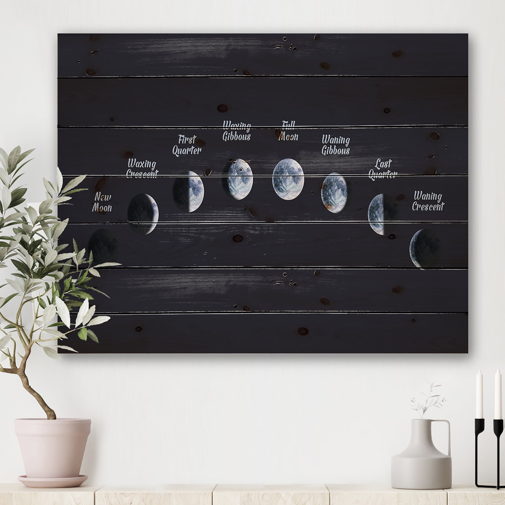 Designart 'Different Moon Phases In Space' Bohemian & Eclectic Print on Natural Pine Wood