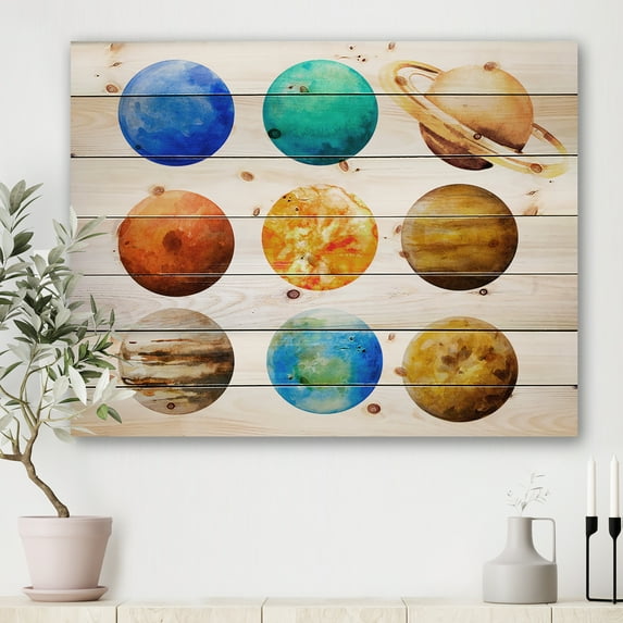 Designart 'Different Planets In Orbit' Modern Print on Natural Pine Wood