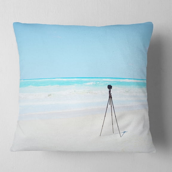Designart Digital Camera and Tripod on Beach - Landscape Wall Throw Pillow - 16x16