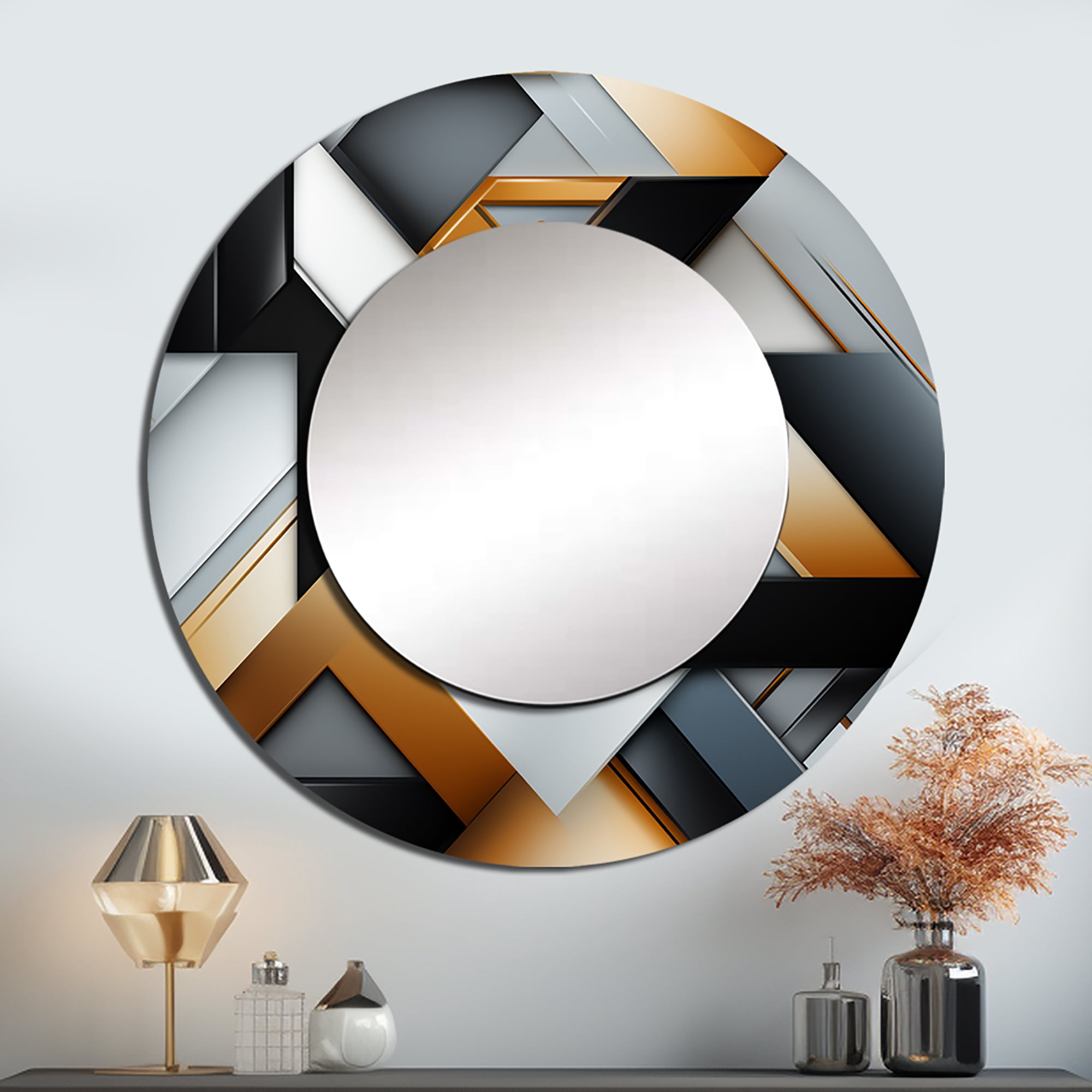Designart "Dimensional Black and Gold Marble Mosaic II" Geometric Rund ...