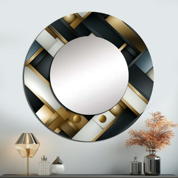 Designart "Dimensional Black and Gold Marble Mosaic III" Geometric Rund Mirror For Wall Decor - Large Black Round Print Mirror - Round Modern Mirror - Wall Mounted Round Large Mirror - 23" x 23"