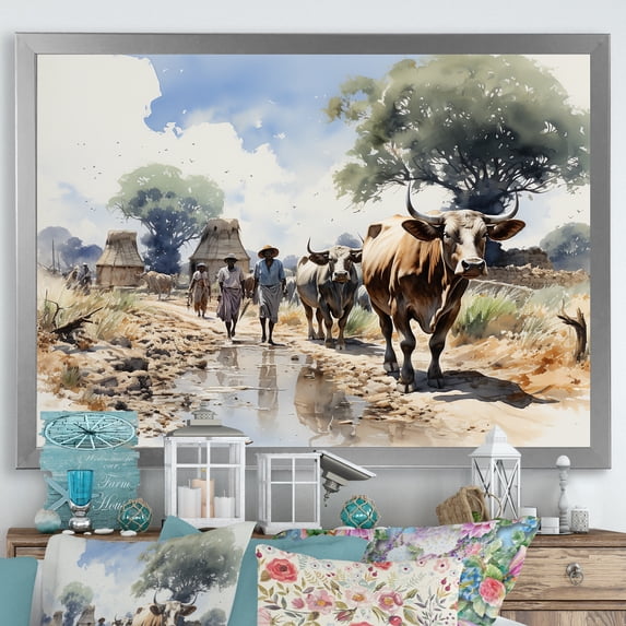 Designart "Dinka Cattle Camp in Africa III" People Framed Wall Art Decor - Global Grey African Tribal Living Room Framed Canvas Art