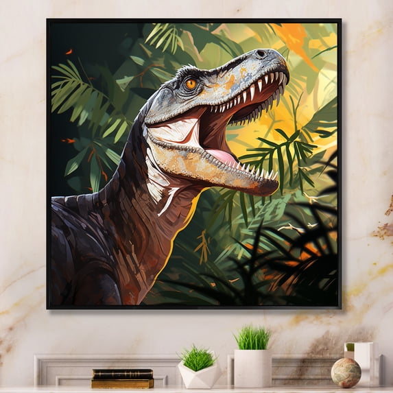 Designart "Dinosaur Call in Grey and Green I" Animals Framed Wall Art - Grey Dinosaur Hallway Framed Wall Art Decor