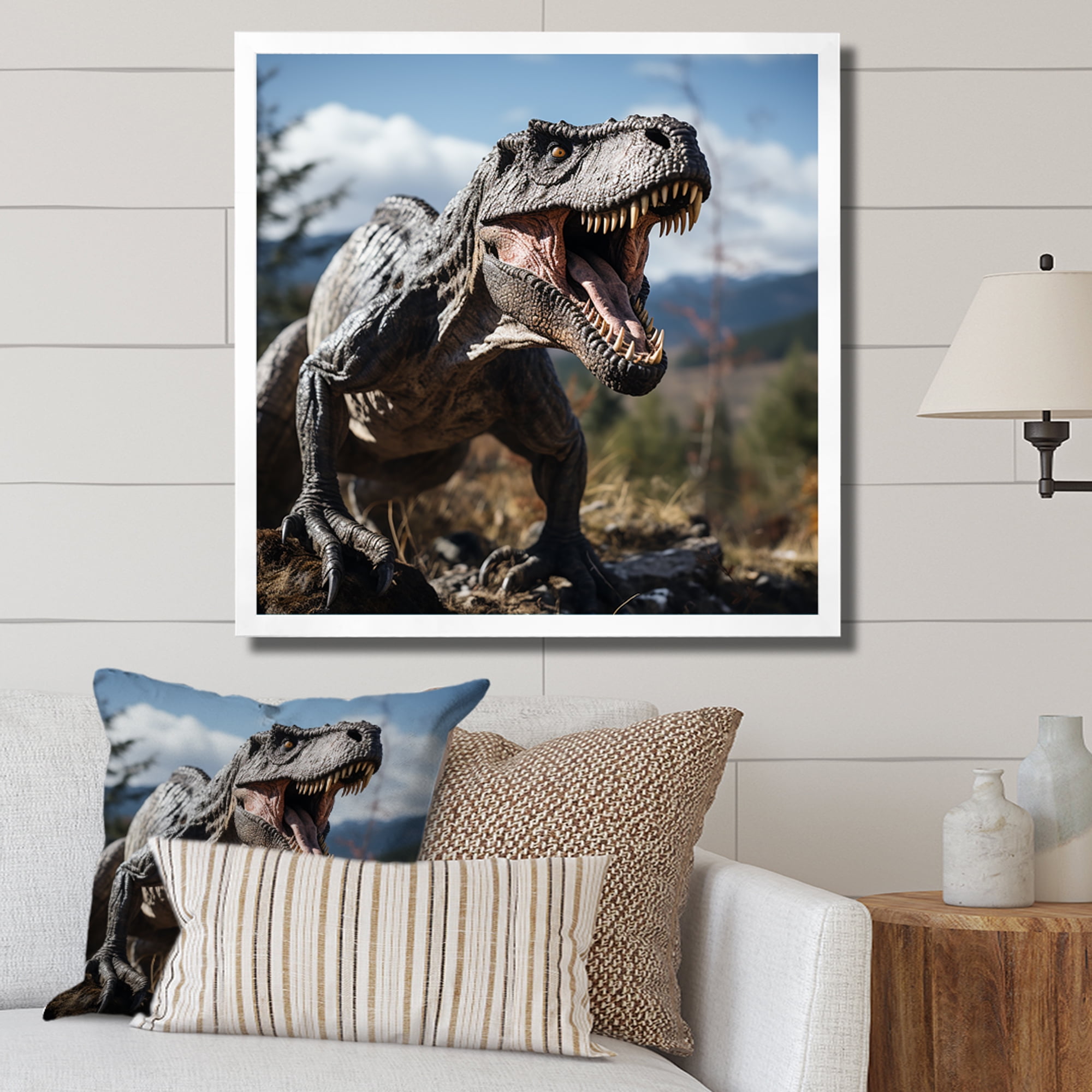 Designart "Dinosaur Call in Grey and Green II" Animals Framed Wall Art