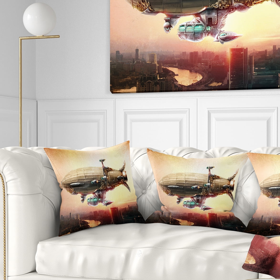 Designart Dirigible Balloon in Sky over City - Abstract Throw Pillow - 16x16