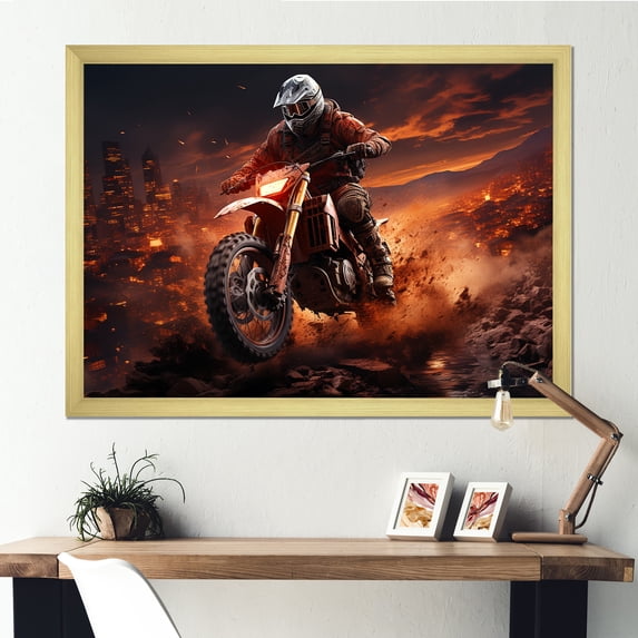 Designart "Dirt Bike Adventure Orange and Black Rider I" Transportation Framed Wall Art Decor - Modern Orange Motorcycle Hallway Framed Wall Art Decor