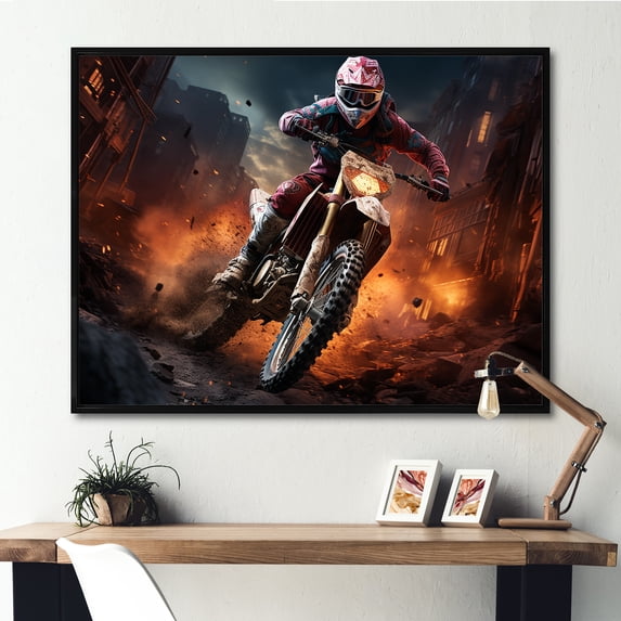Designart "Dirt Bike Adventure Orange and Black Rider II" Transportation Framed Wall Art - Transitional Orange Motorcycle Entryway Framed Wall Art Print