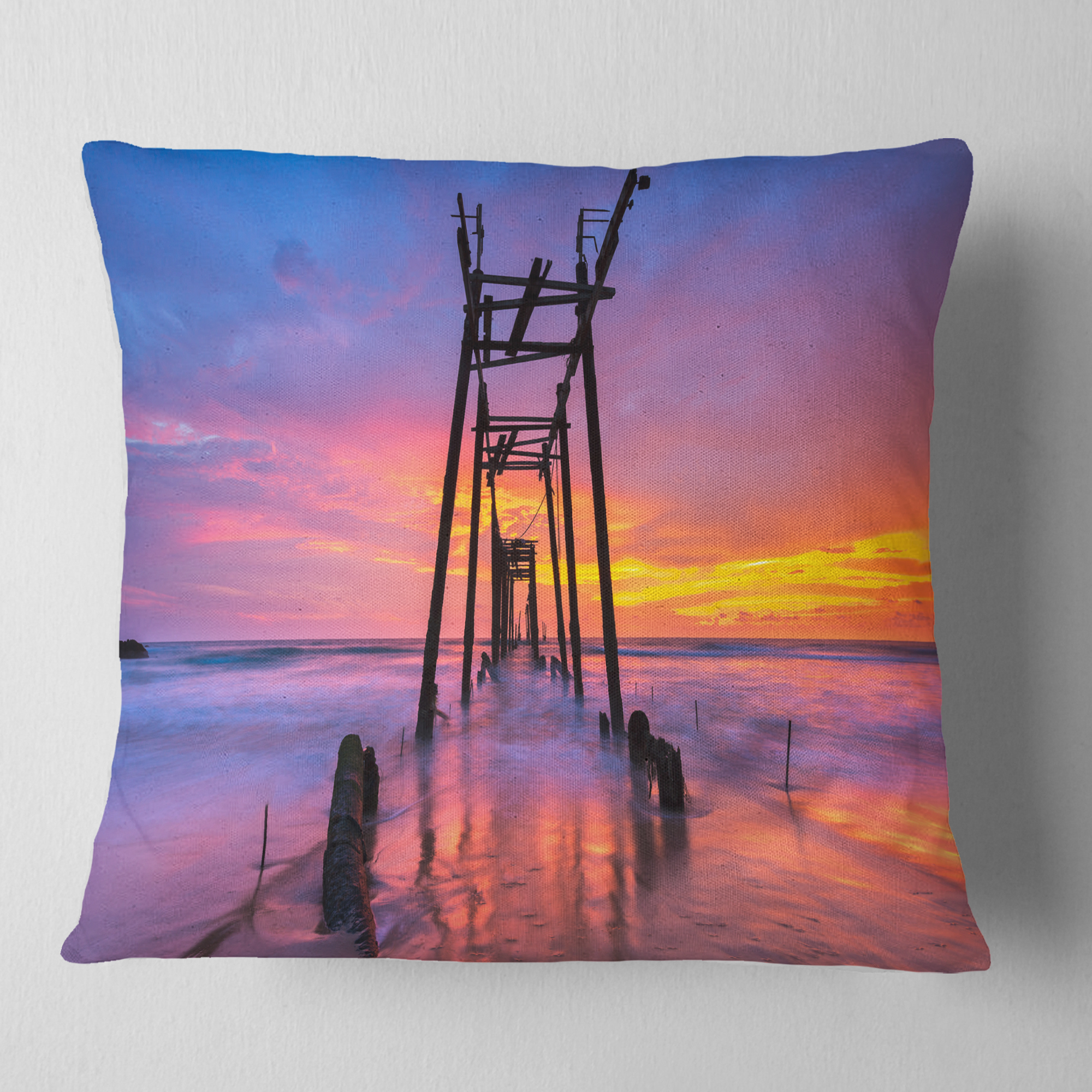 Designart Discarded Wooden Bridge at Sunset - Pier Seascape Throw Pillow - 18x18