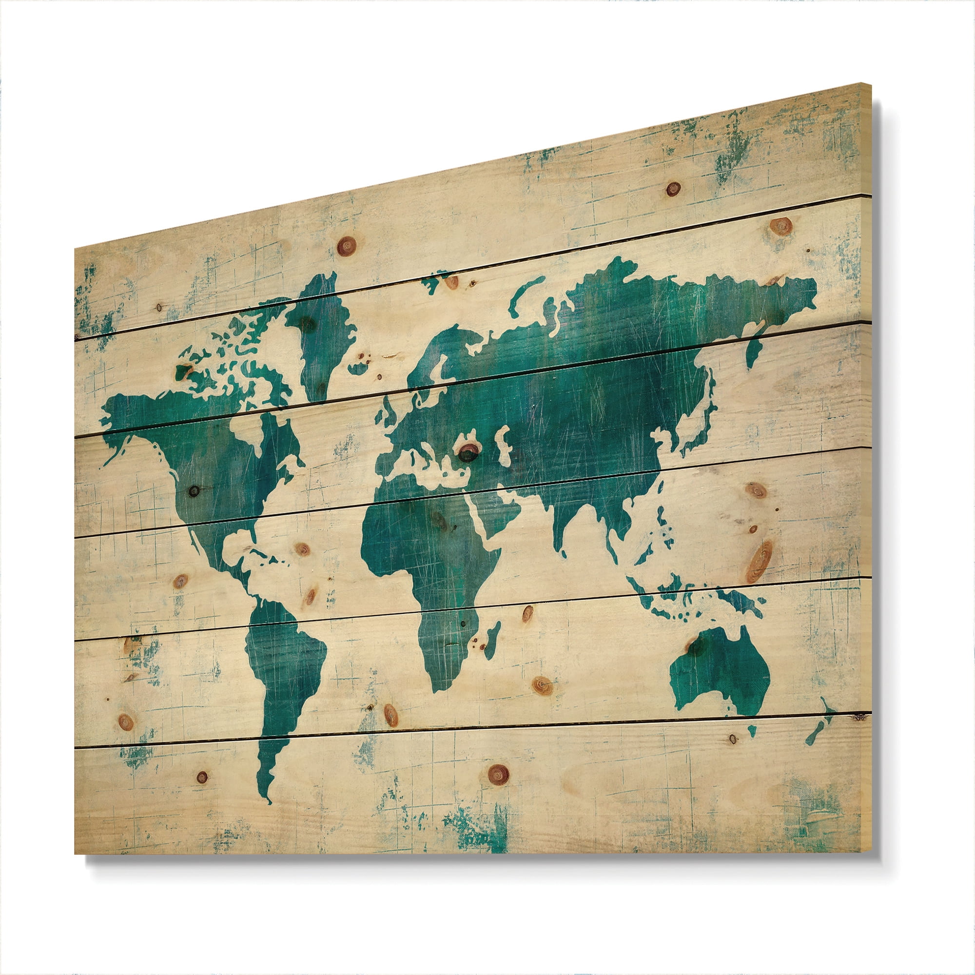 Designart 'Discover the World Map in Blue' Traditional Print on Natural Pine Wood