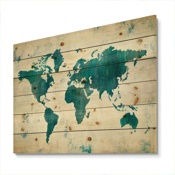 Designart 'Discover the World Map in Blue' Traditional Print on Natural Pine Wood