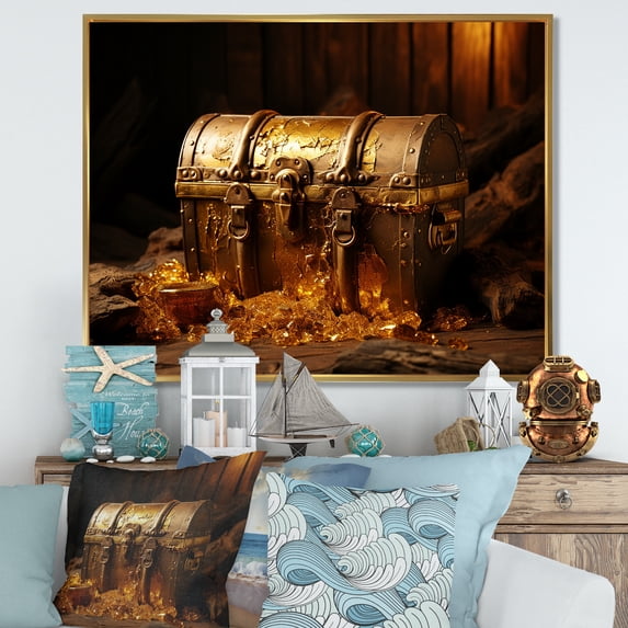 Designart "Discovery of Pirate's Gold Treasure I" People Framed Wall Art - Modern Yellow Pirate Entryway Framed Wall Art Print