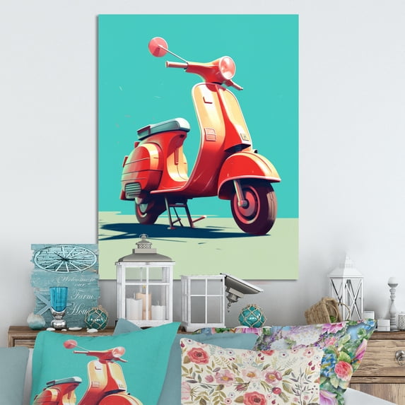 Designart "Display of a Scooter in Coral and Teal II" Transportation Metal Art Living Room